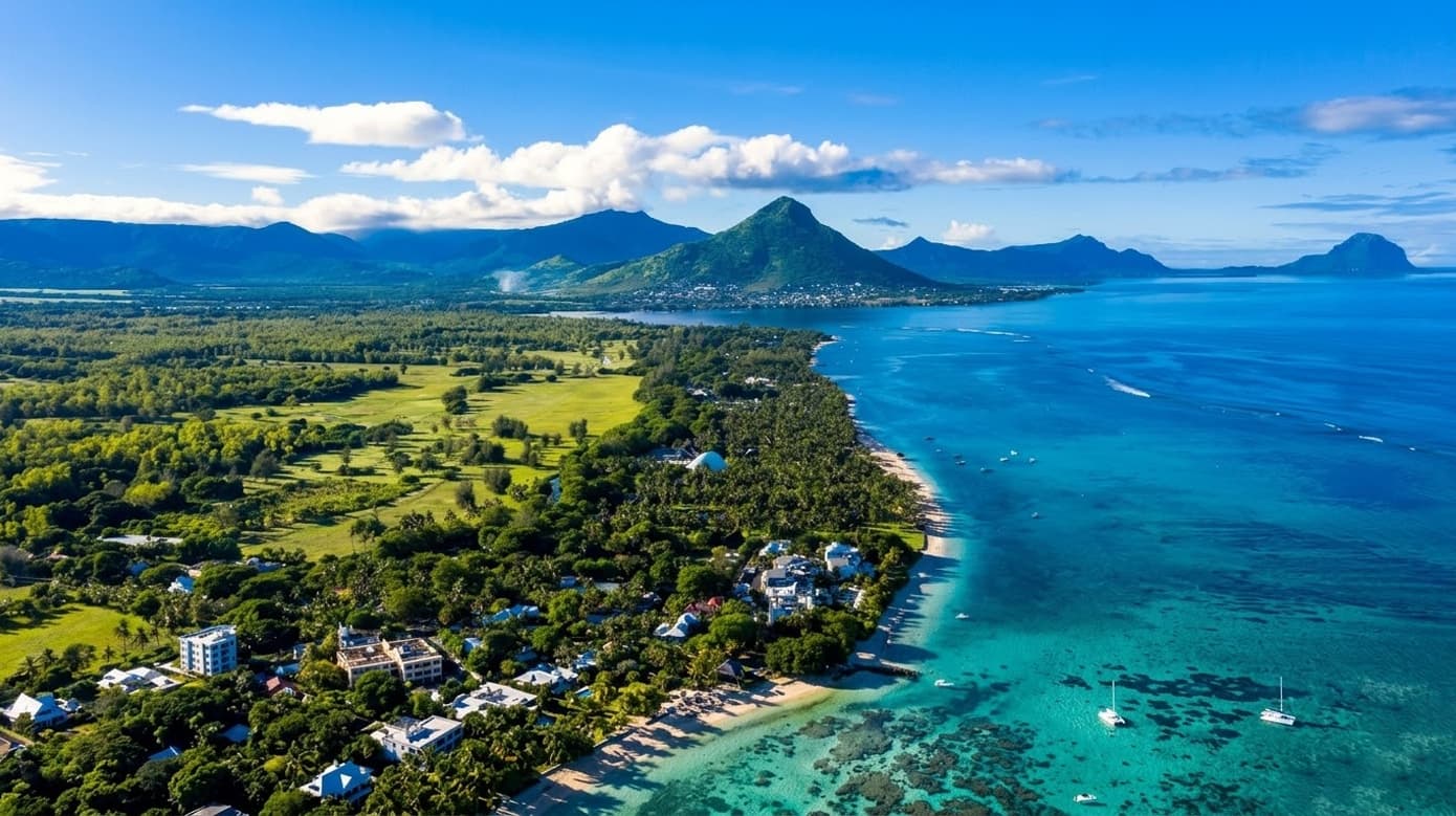 Aerial view of the west coast of Mauritius with turquoise lagoon, tropical coastline and mountain backdrop near Tamarin and Black River