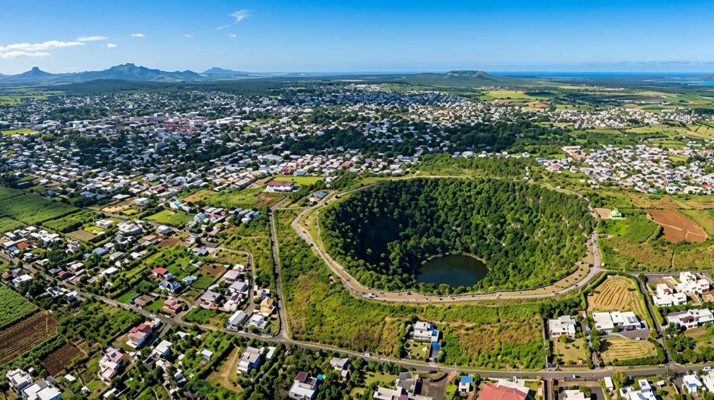 View of residential and urban areas in the Central Plateau of Mauritius with greenery and inland town connectivity