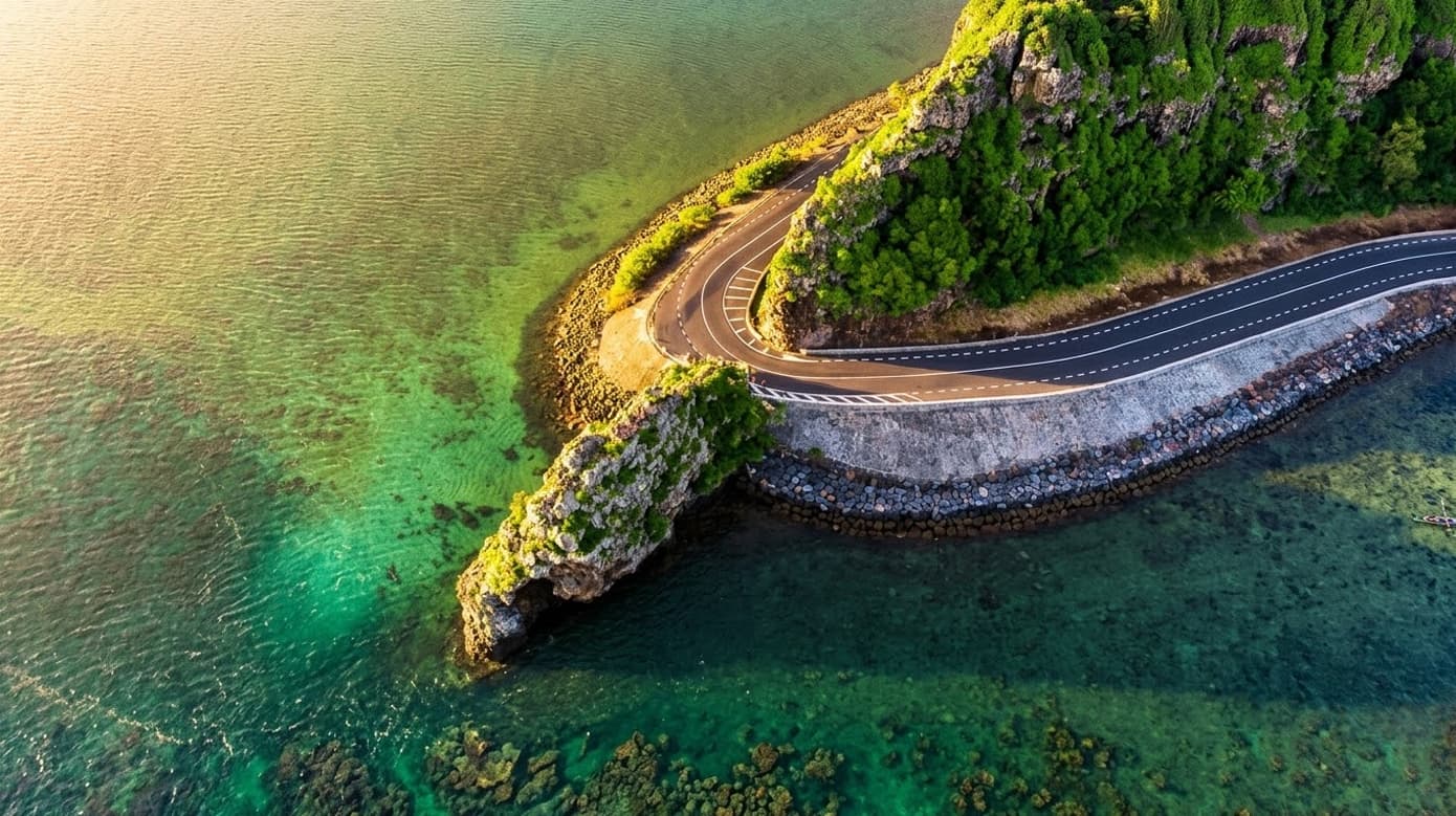Aerial view of Macondé coastal road in the Wild South of Mauritius with cliffs and turquoise water