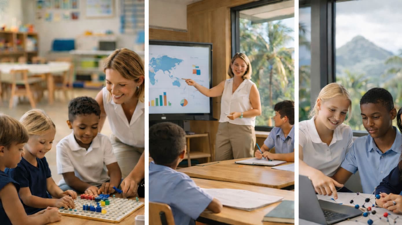 Students and teachers in international school classrooms in Mauritius